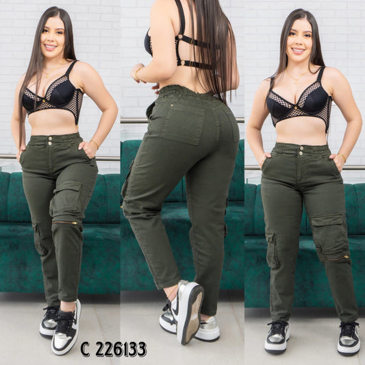 Dark Green Butt Lifting Cargo Jeans | 100% Authentic Colombian Denim